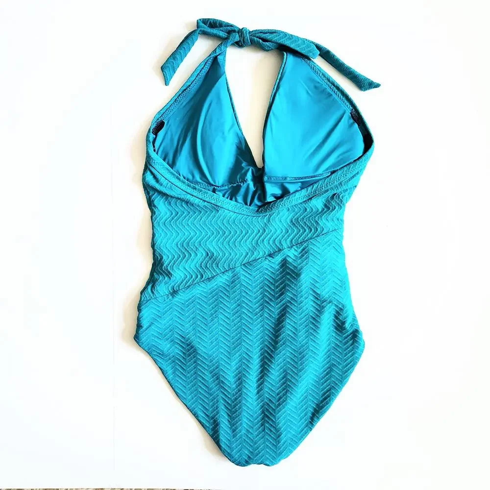 Trina Turk Empire Halter One Piece Swimsuit Marine Teal Chevron Metallic Size 14